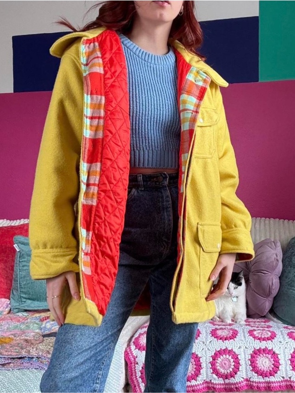 BDG Yellow Oversized Coat with plaid Quilted Lining